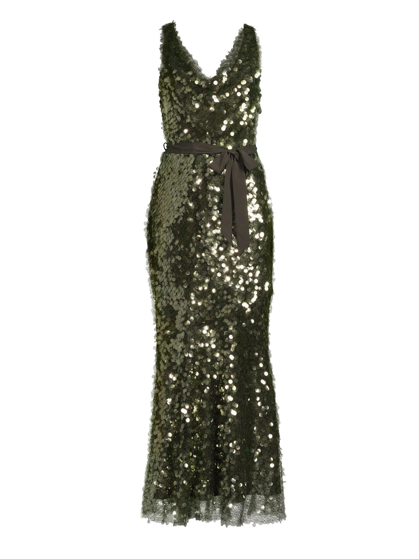 Image 6 of 6 of The Very Collection Sequin Disc Belted Maxi Dress - Green