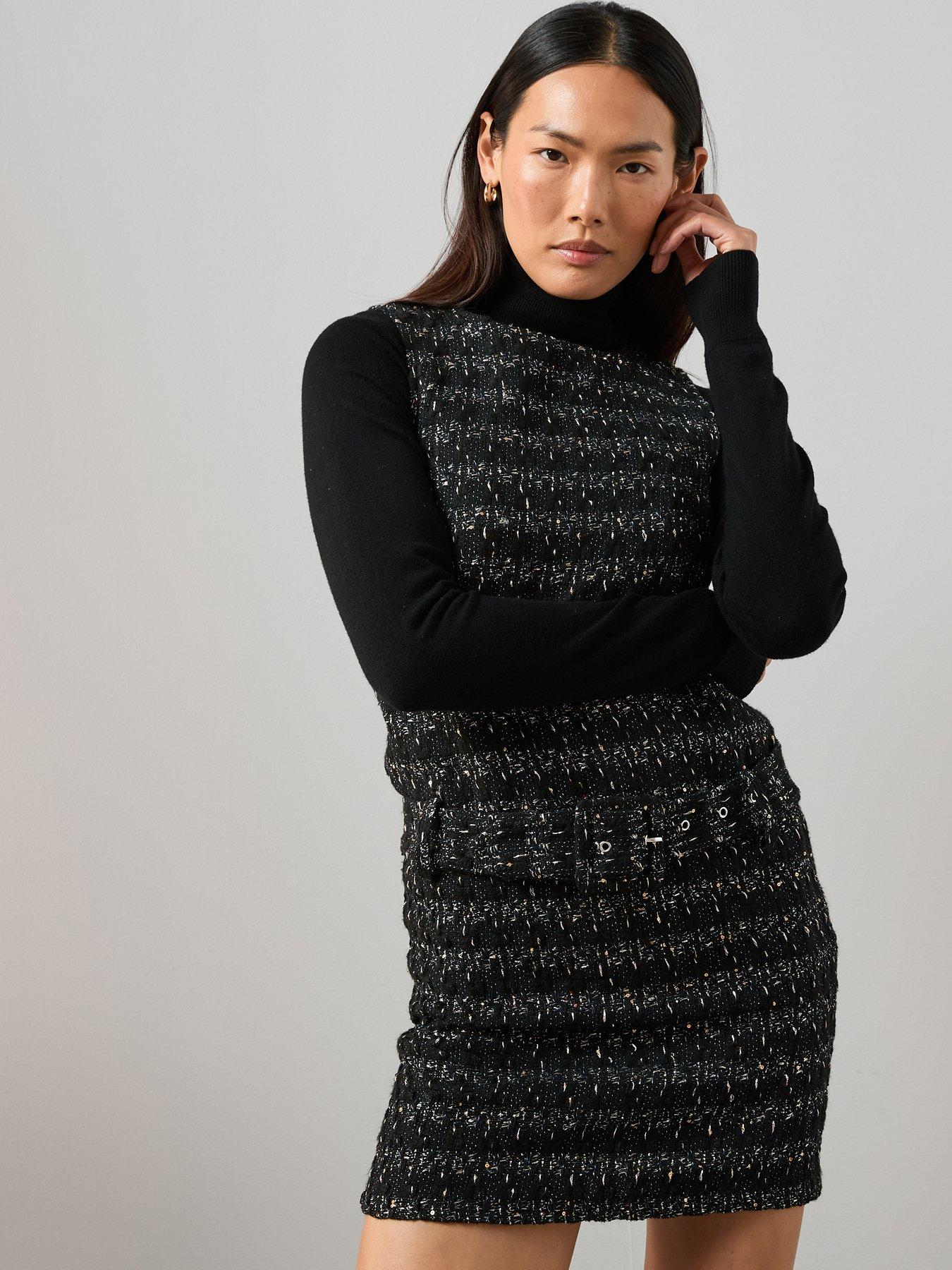 the-very-collection-boucle-metallic-belted-mini-dress-black