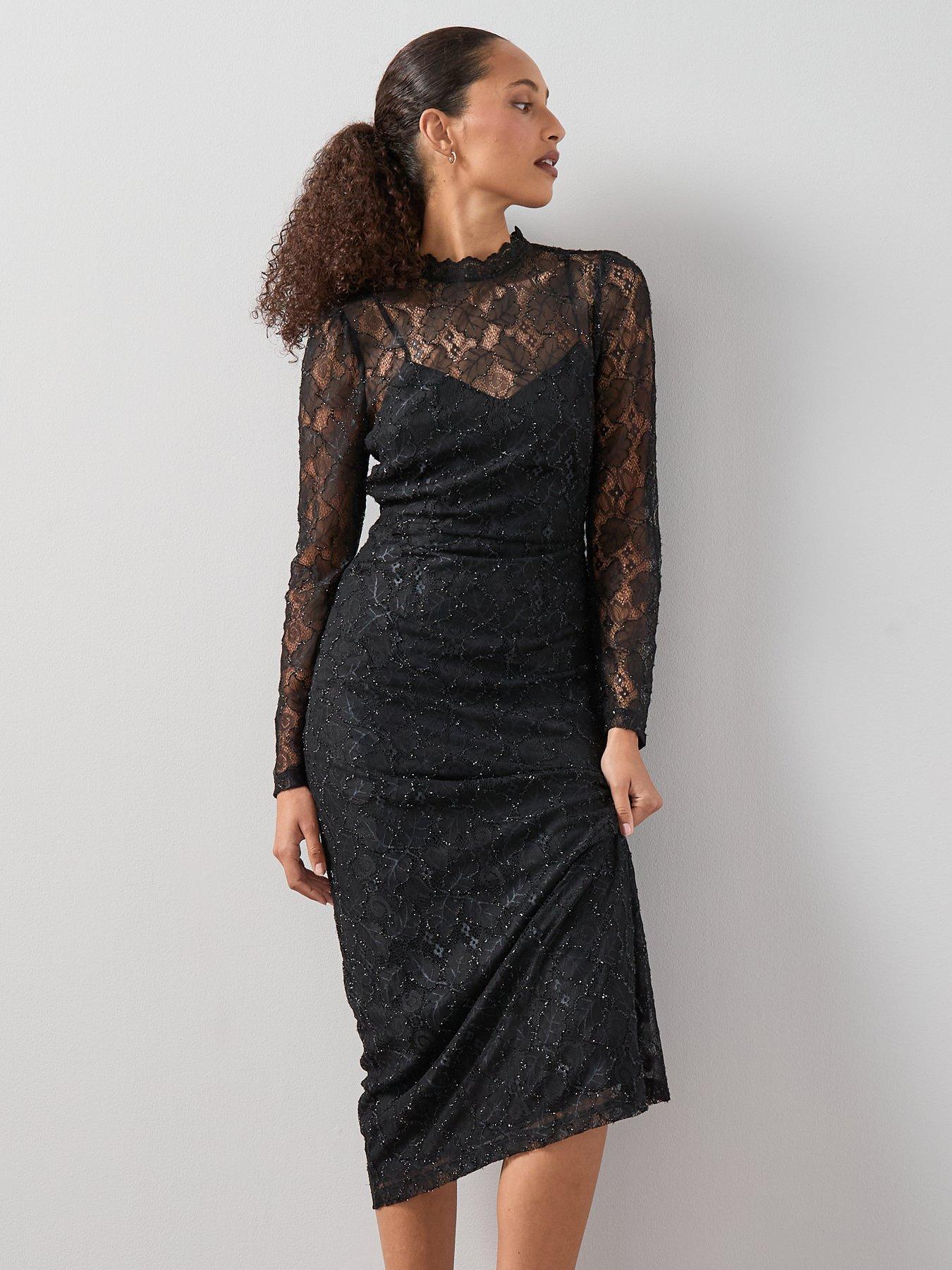 black lace dress with tan underneath Ladivine CC2164 Black/Nude Size 14 Long Fitted off the shoulder Sheer 3D Lace Wedding Dress Evening Gown Slit Shimmer Bridal CC2164 main image 0