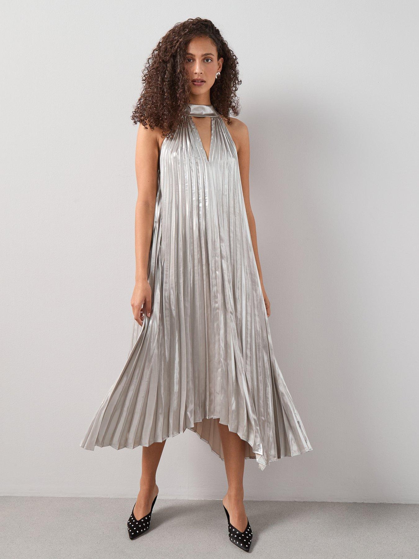 The Very Collection High Neck Pleated Metallic Maxi Dress - Silver | Very  Ireland