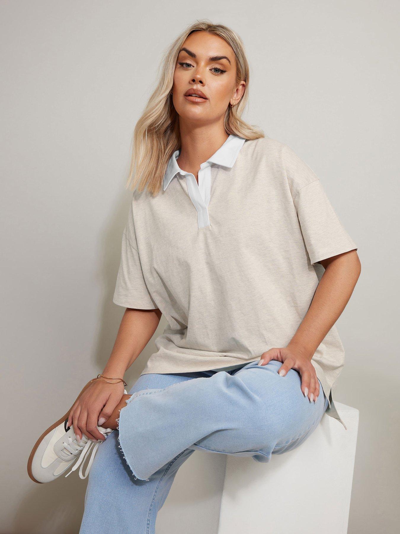 Image of Yours Curve Rugby Contrast Collar Top - Natural