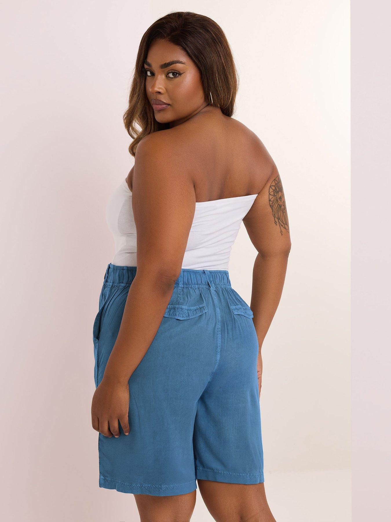 yours-curve-chambray-elasticated-waist-short-bluestillFront