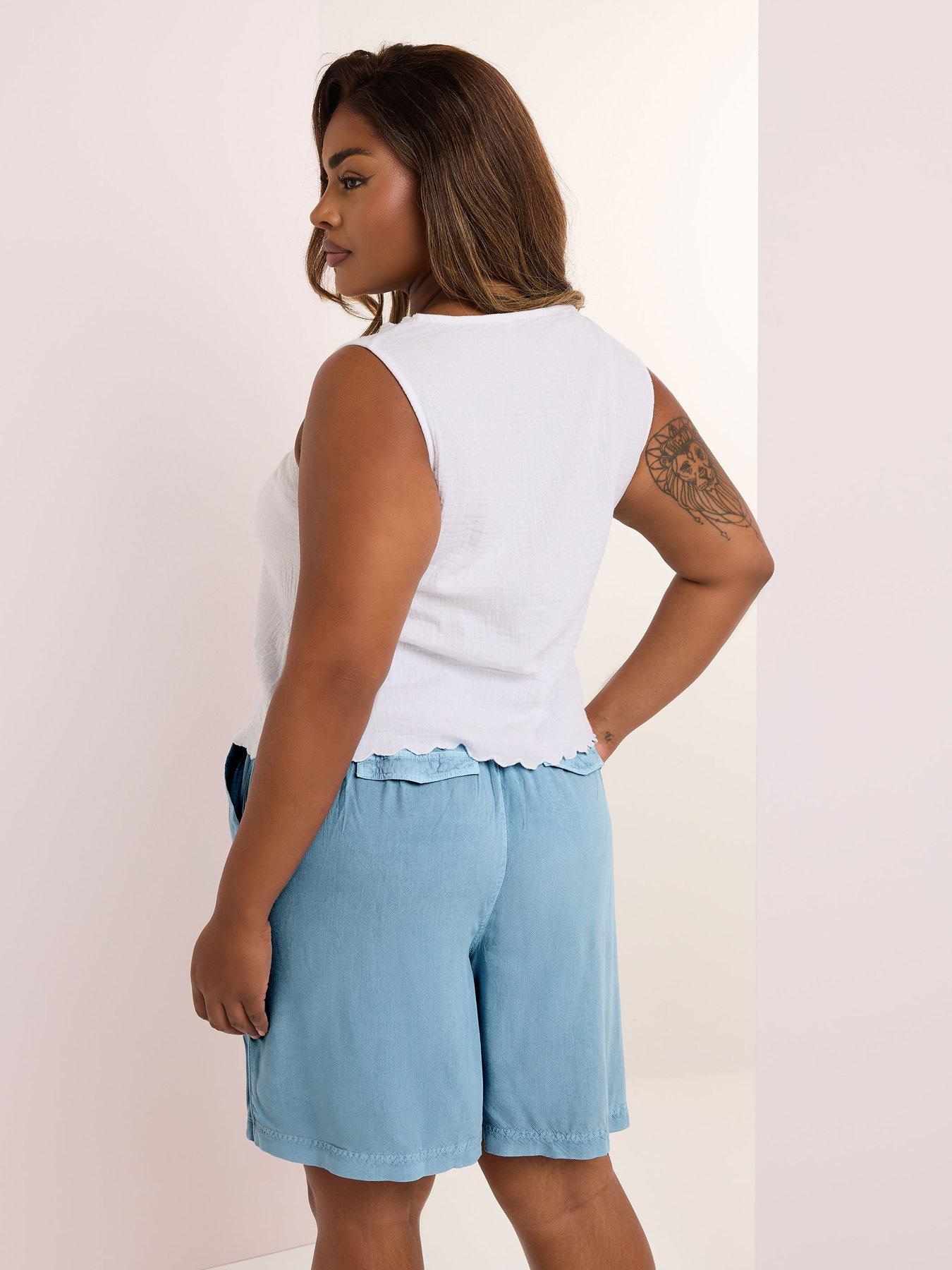 yours-curve-chambray-elasticated-waist-short-bluestillFront