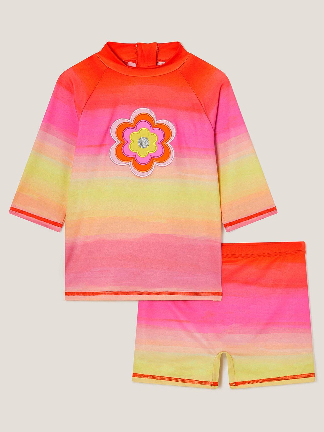 Image of Monsoon Girls Flower Ombre Upf50+ Rash Vest And Swim Shorts Set - Pink