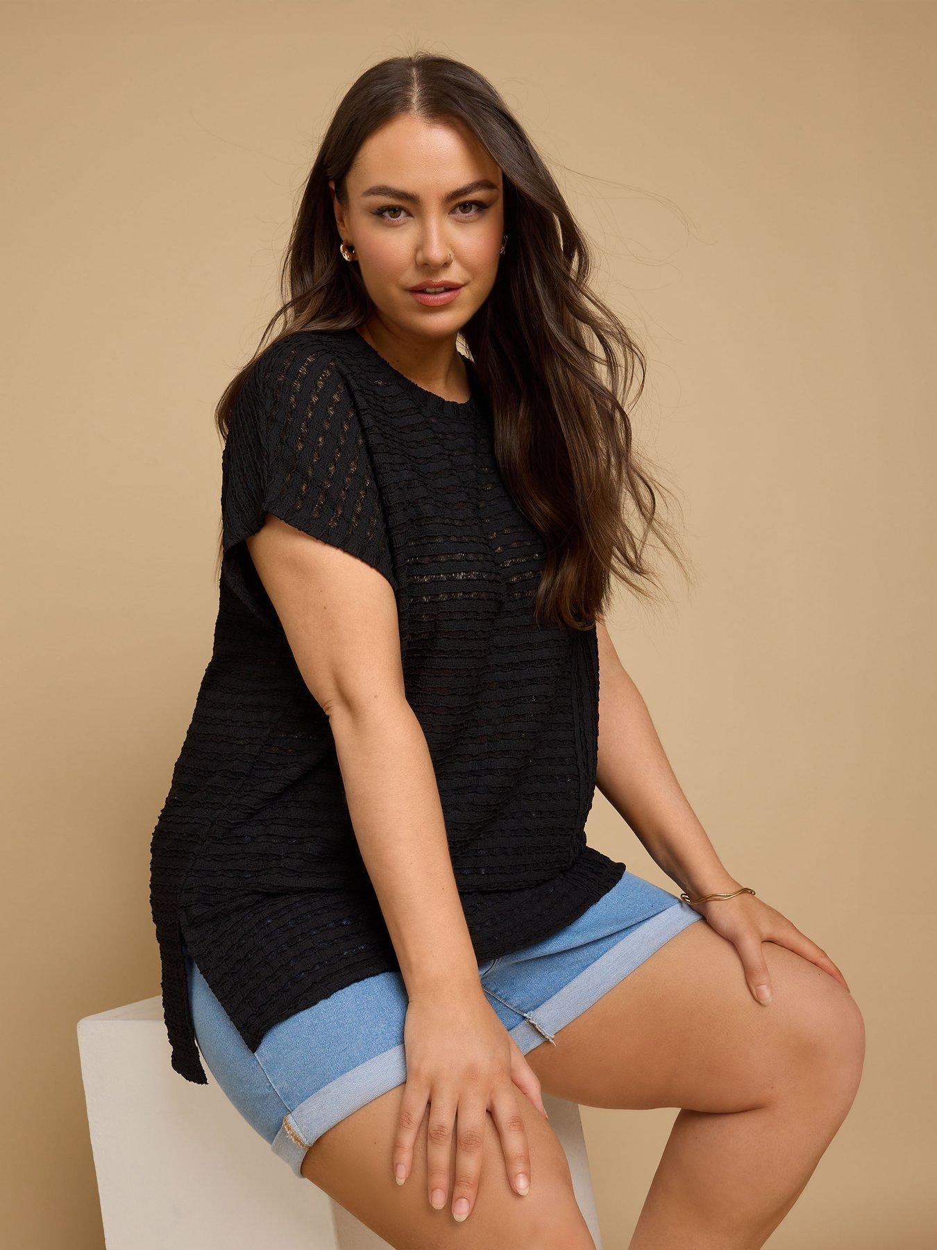 Image of Yours Curve Textured Short Sleeve Top - Black