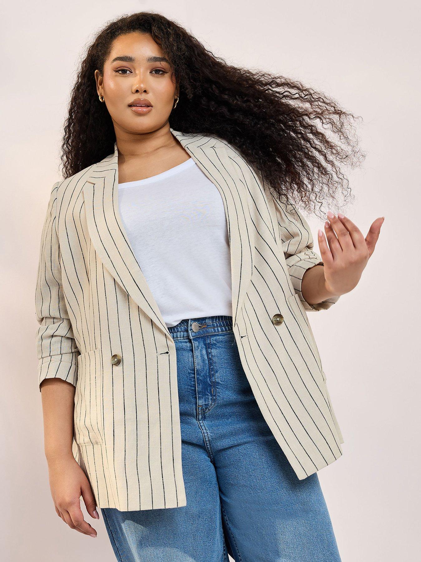 Image 1 of 4 of Yours Curve Tailored Stripe Blazer - Natural