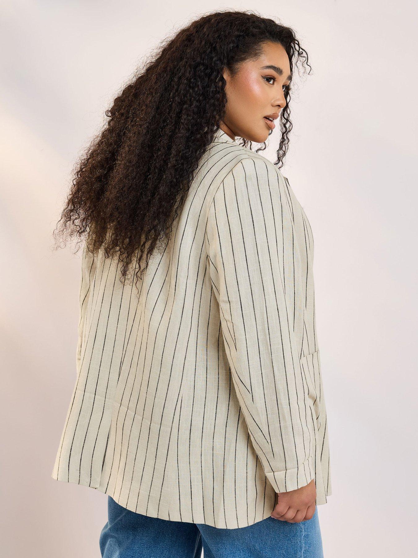 Image 2 of 4 of Yours Curve Tailored Stripe Blazer - Natural