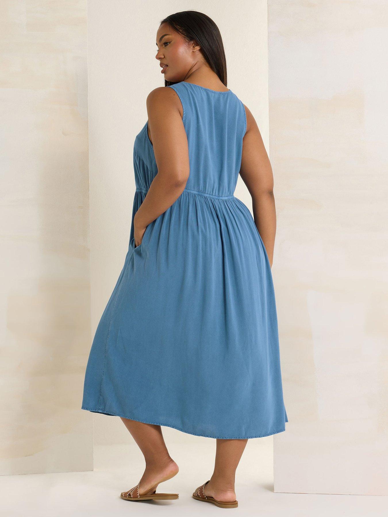 Image 2 of 4 of Yours Curve Sleeveless Button Chambray Dress - Blue