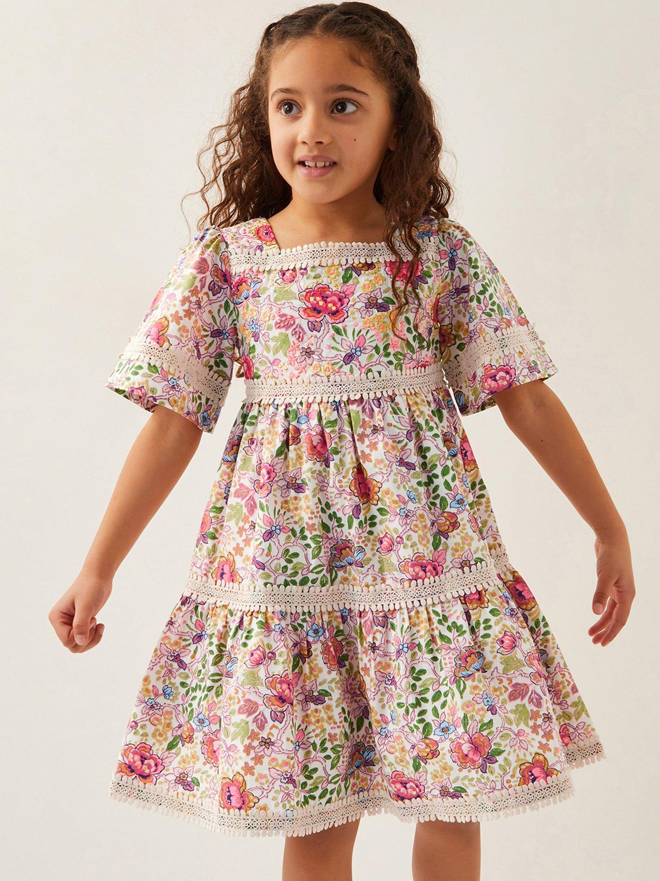 undefined Girls Floral Print Short Sleeve Tiered Dress - Light Cream