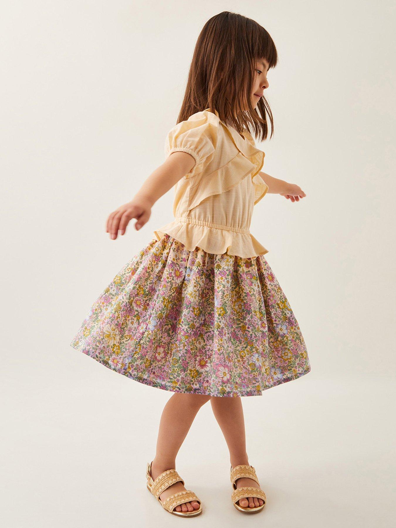 undefined Girls Frilly Floral Cotton Dress - Yellow