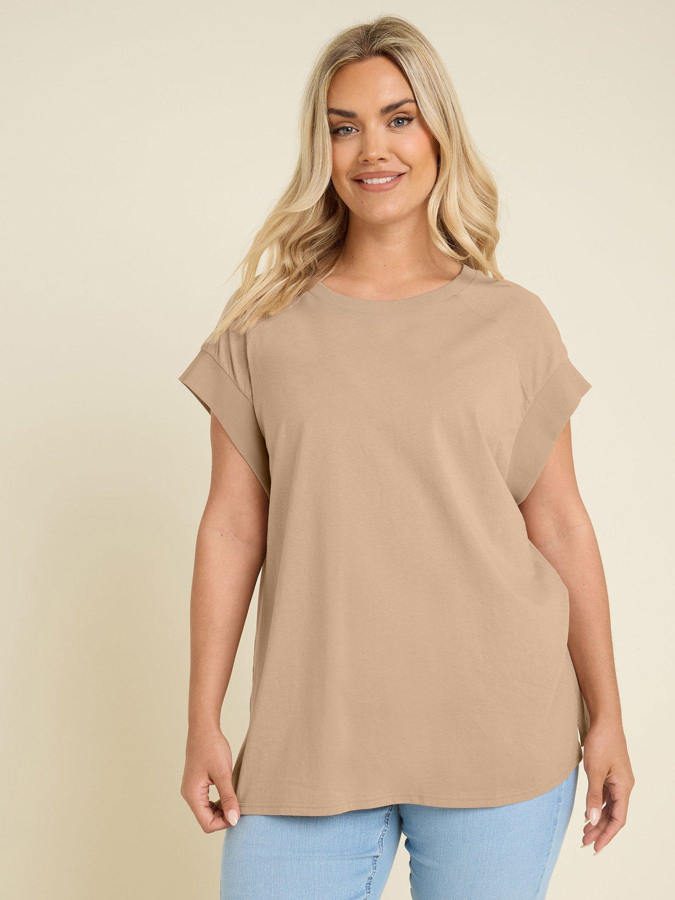 Yours Curve Rib Grown On Sleeve T-Shirt - Natural