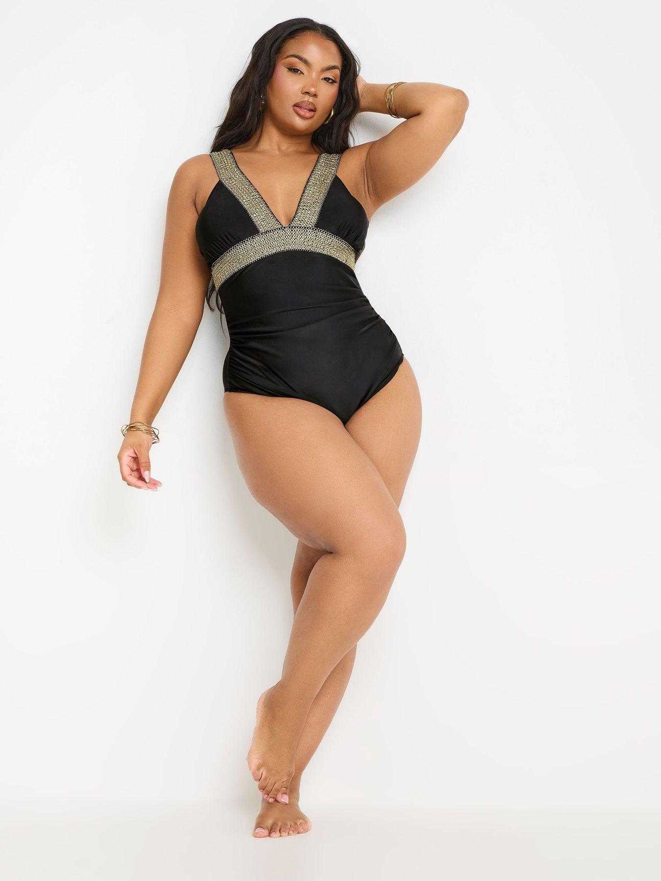 Image 3 of 4 of Yours Curve Metallic Tape Plunge Swimsuit - Black