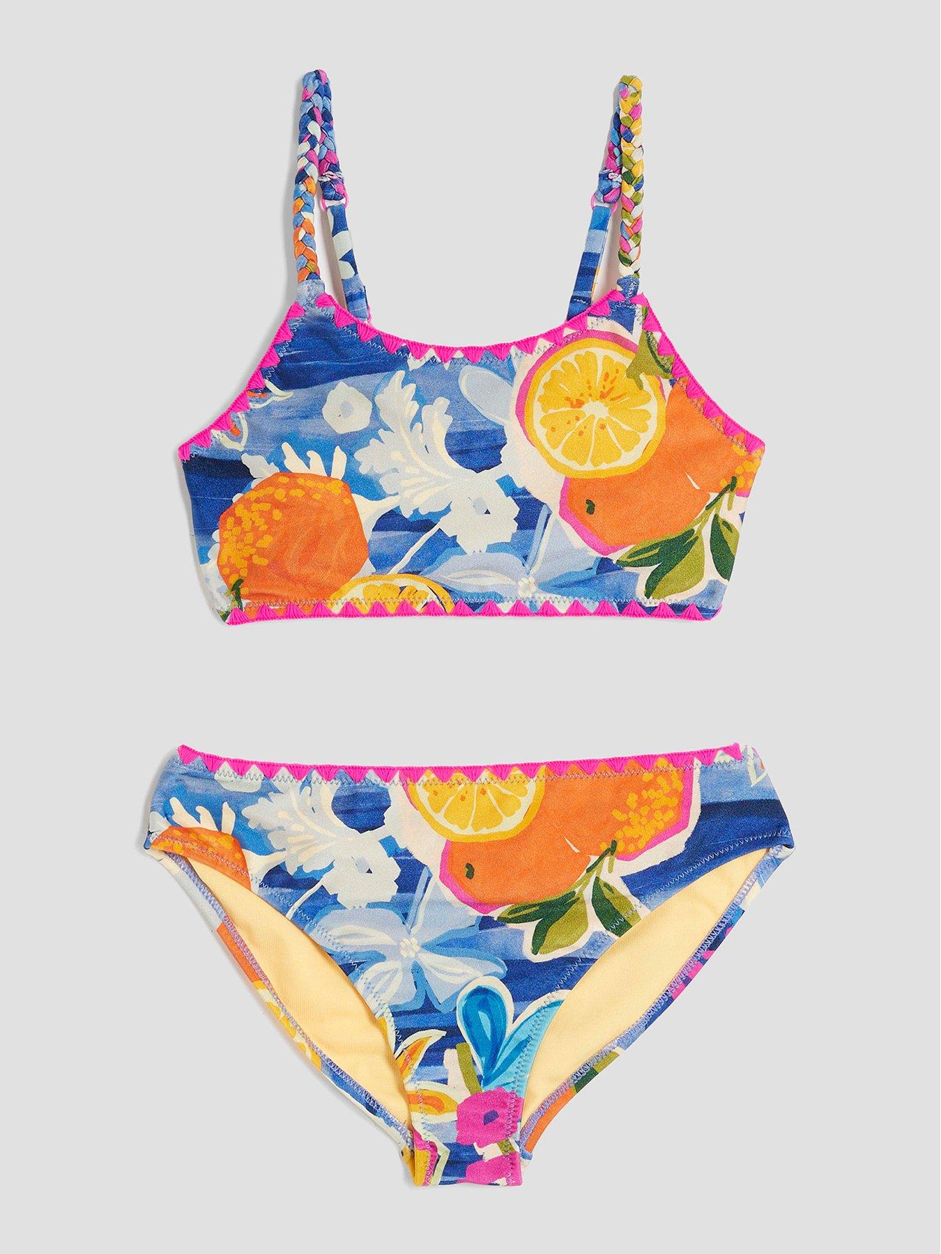 Image 1 of 3 of River Island Older Girls Fruit Print Bikini Set - Blue