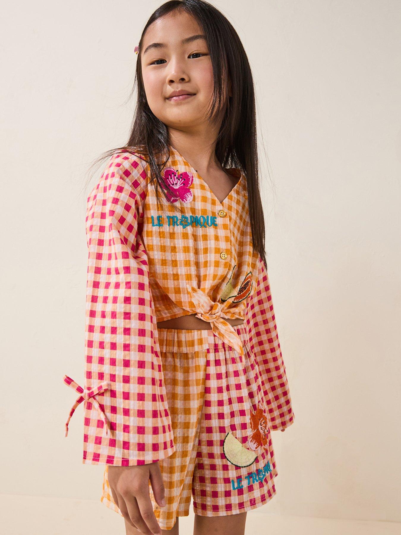 Image 1 of 4 of River Island Older Girl Gingham Fruit Beachwear Set - Orange
