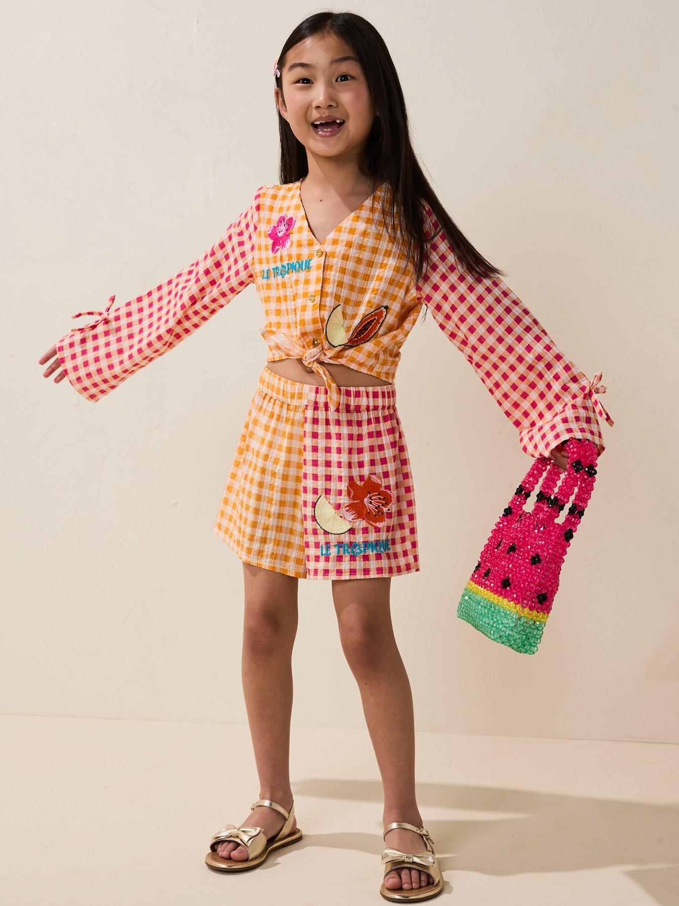Image 3 of 4 of River Island Older Girl Gingham Fruit Beachwear Set - Orange