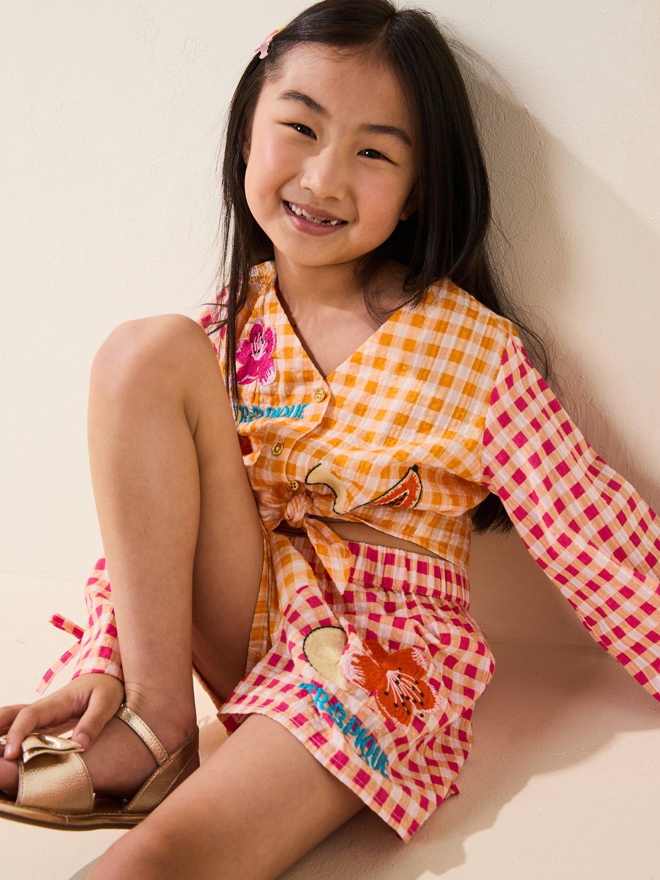 Image 4 of 4 of River Island Older Girl Gingham Fruit Beachwear Set - Orange