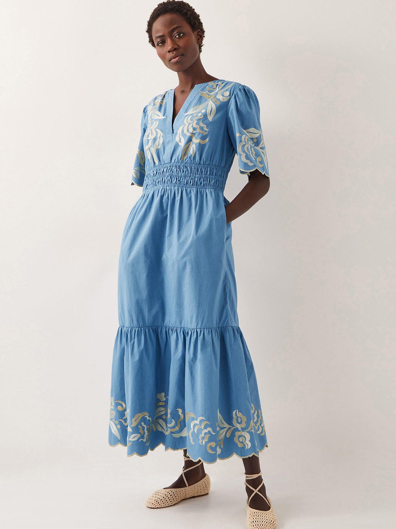 Image 1 of 4 of Monsoon Leia Embellished Dress - Blue