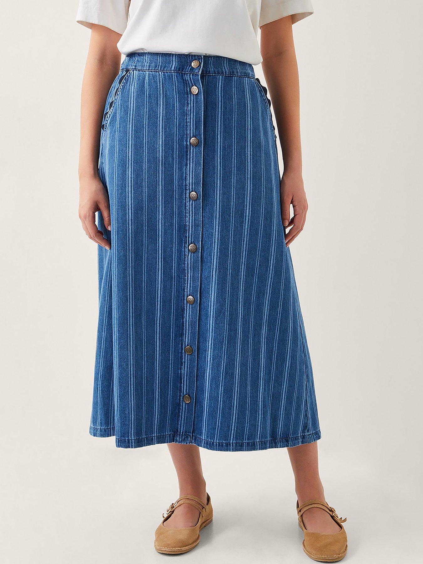 Image 1 of 5 of Monsoon Ottilie Stripe Skirt - Blue