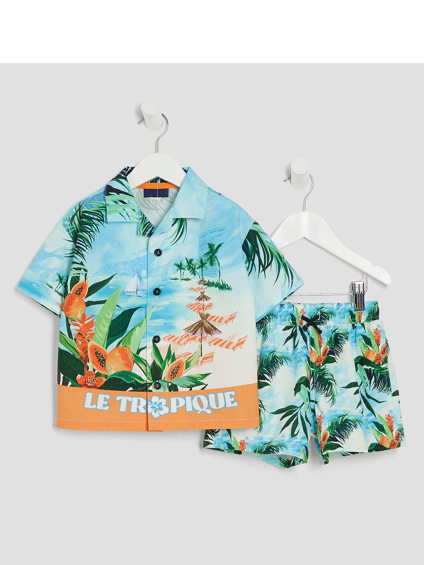 Image of River Island Mini Boys Resort Shirt  &  Shorts Swim Set - Blue