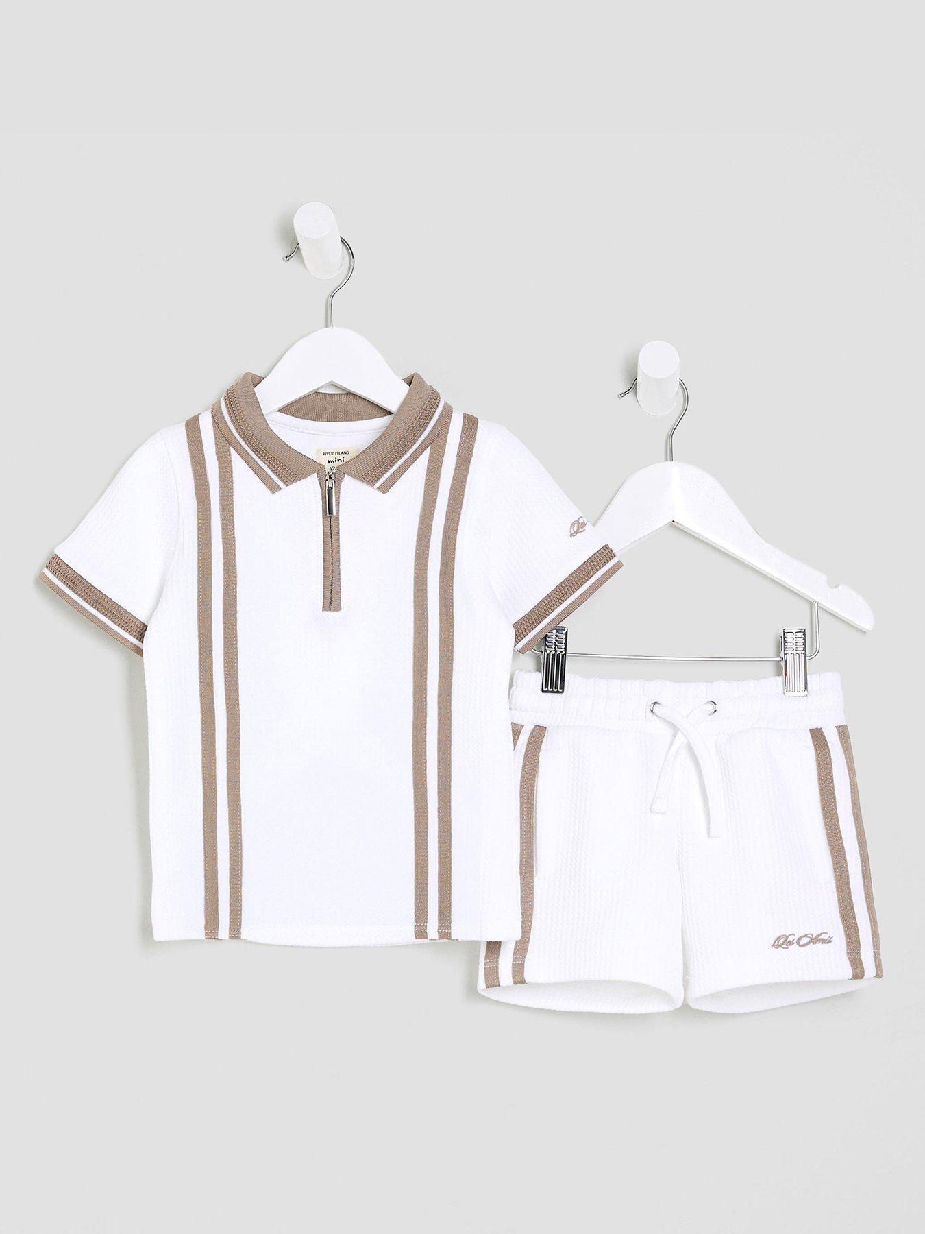 undefined Mini Boy Textured Stripe Polo Set - White