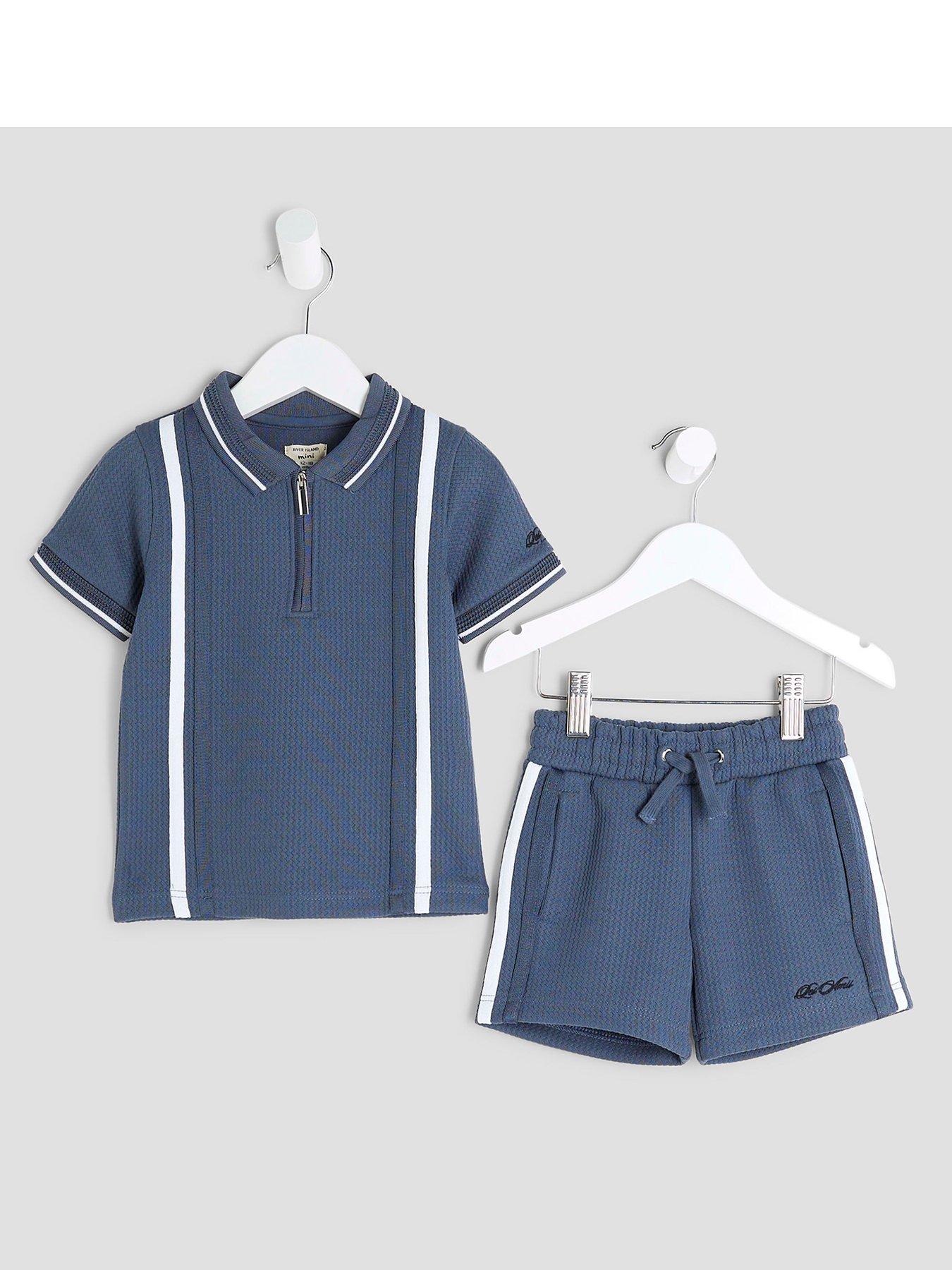 undefined Mini Boys Textured Stripe Polo Set  - Blue