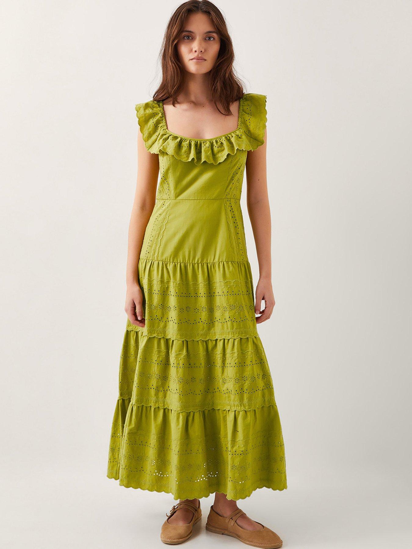 Image 1 of 4 of Monsoon Lucy Broderie Dress - Green