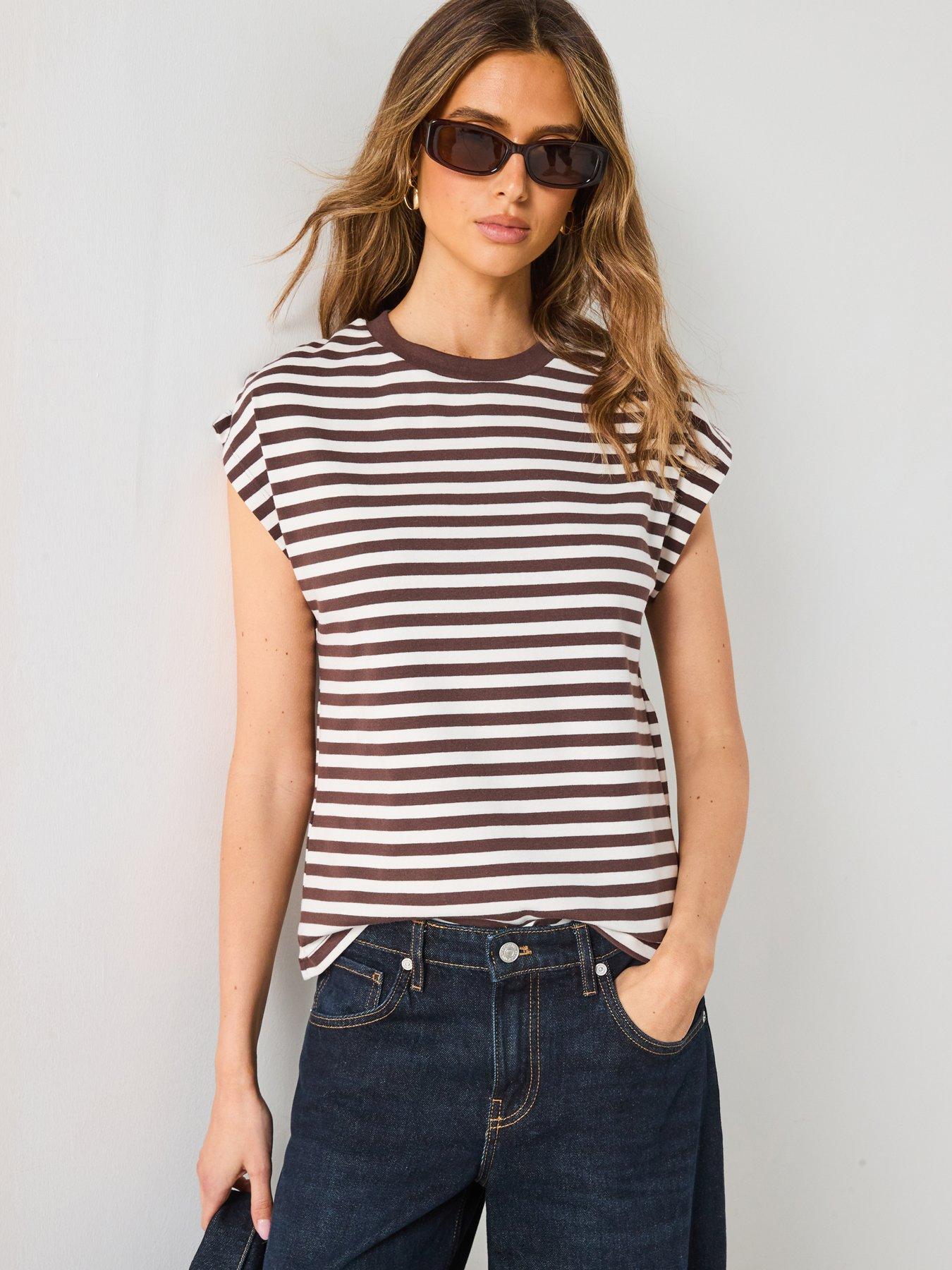 Image 1 of 6 of Mango Striped Short Sleeved T-Shirt - Brown