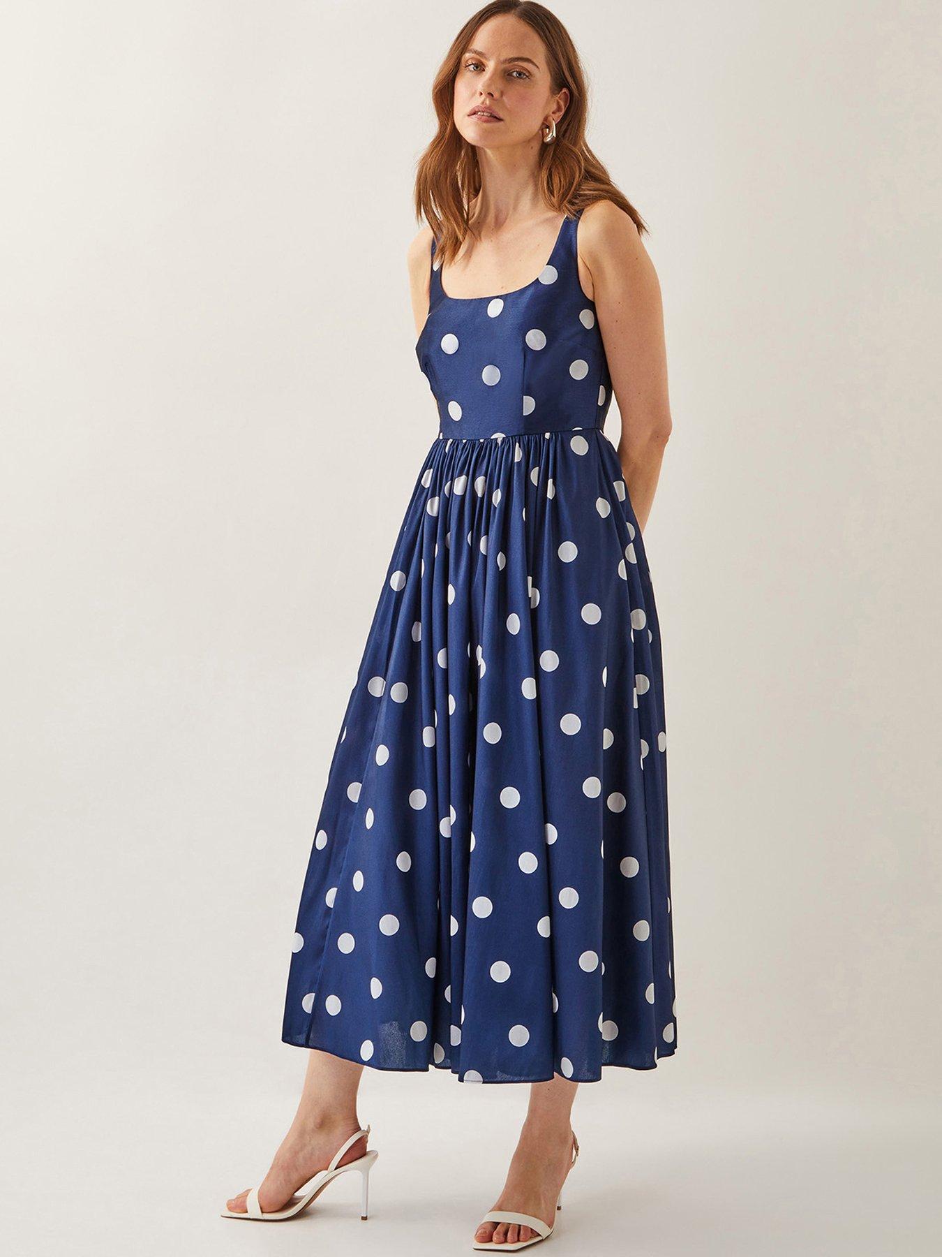Image 1 of 6 of Monsoon Sicily Spot Dress - Navy