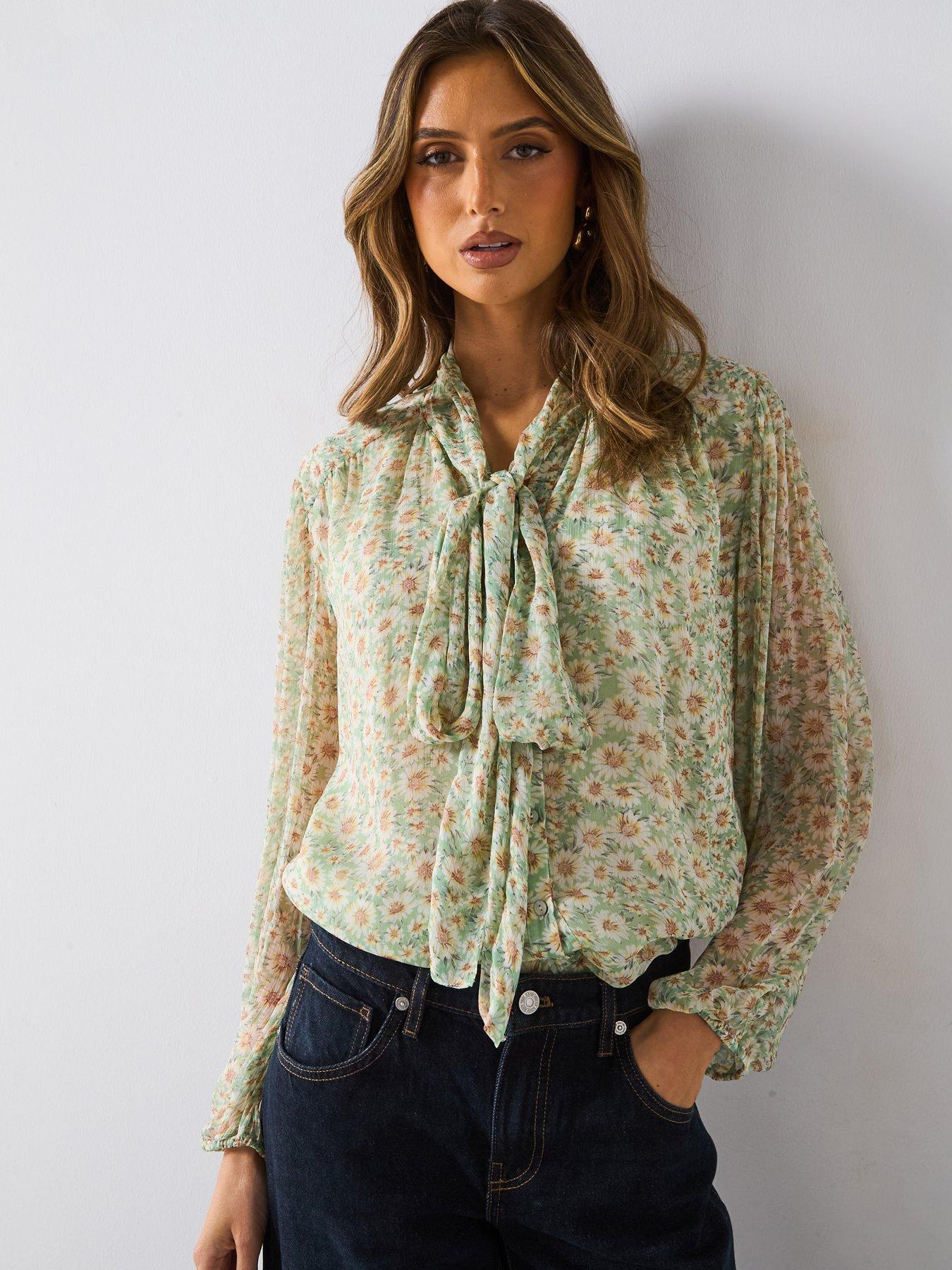 Image of Mango Floral Tie Blouse - Green
