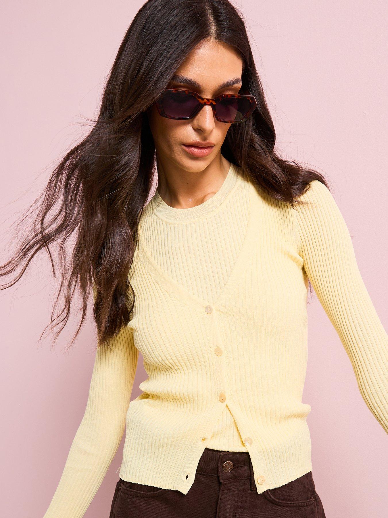 Image 1 of 6 of Mango V Neck Rib Knit Cardigan - Yellow