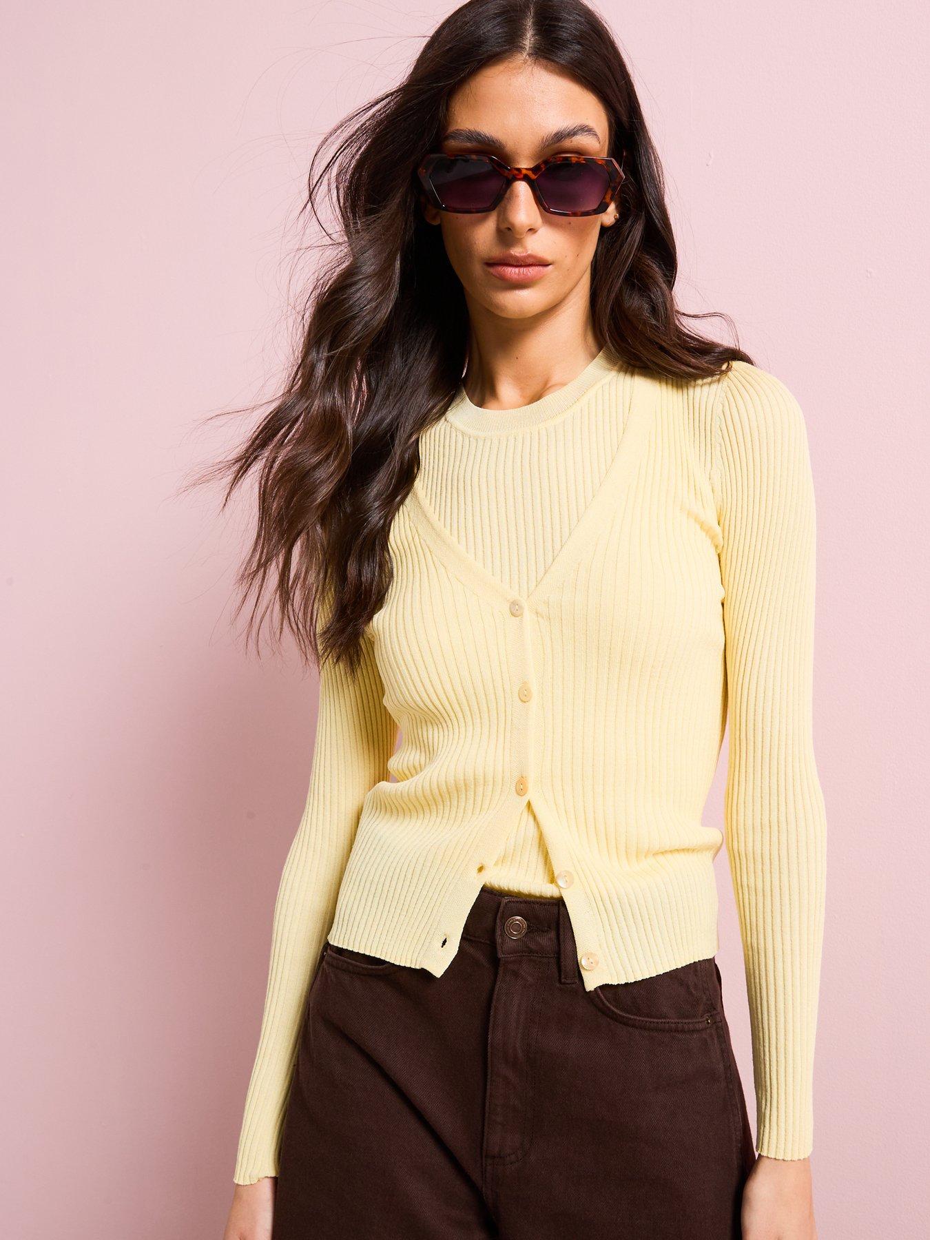 Image 4 of 6 of Mango V Neck Rib Knit Cardigan - Yellow