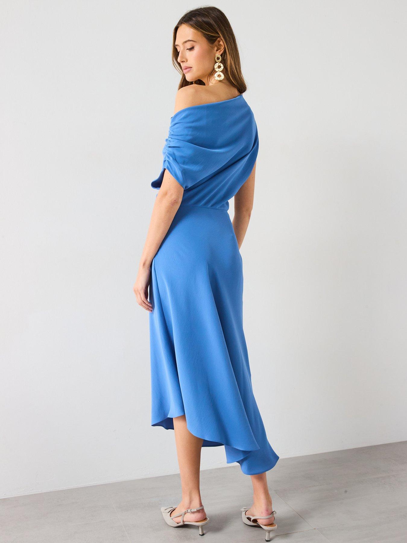 Image 2 of 6 of Mango Asymmetrical-Neck Midi-Dress - Blue