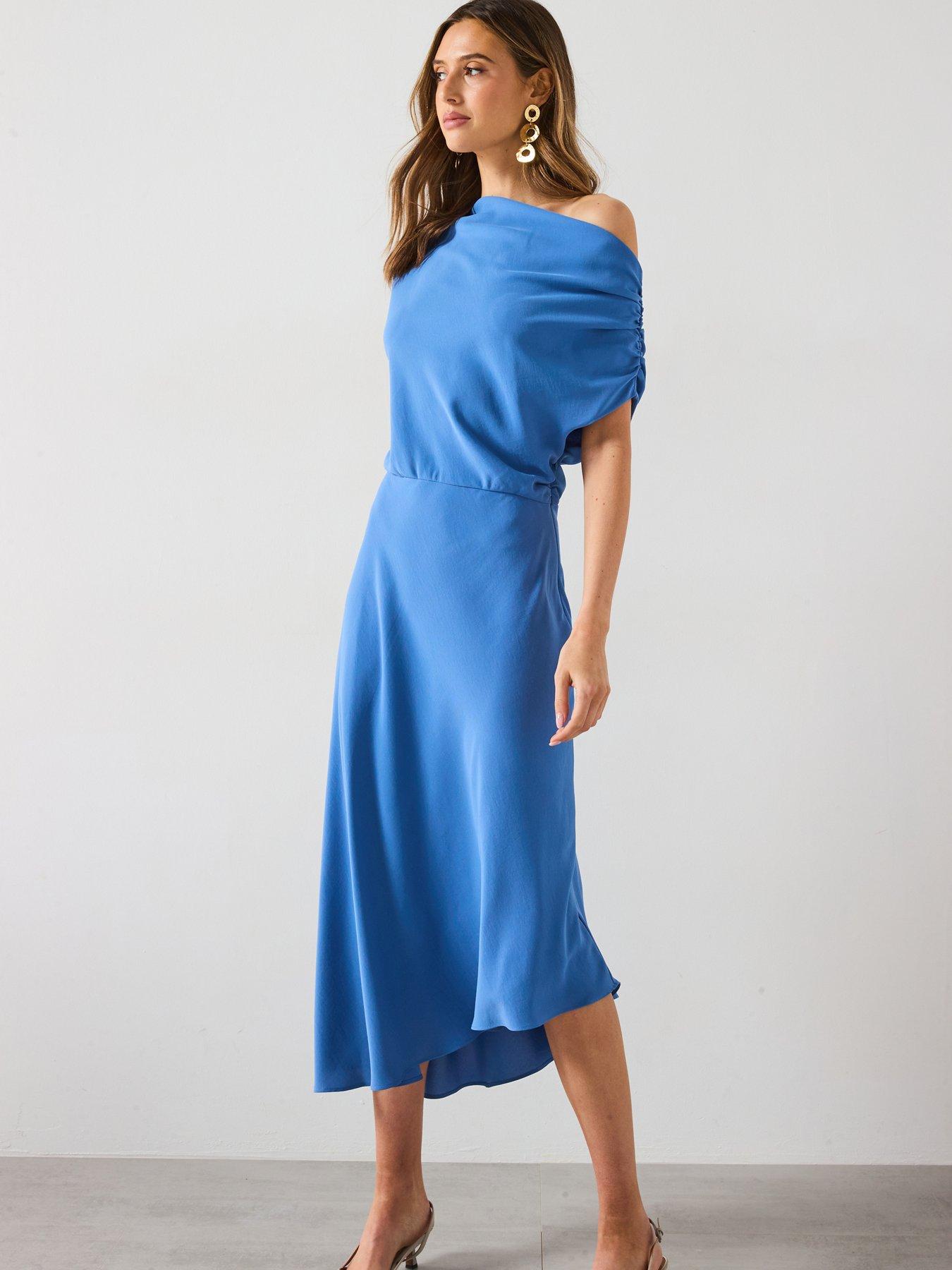 Image 3 of 6 of Mango Asymmetrical-Neck Midi-Dress - Blue