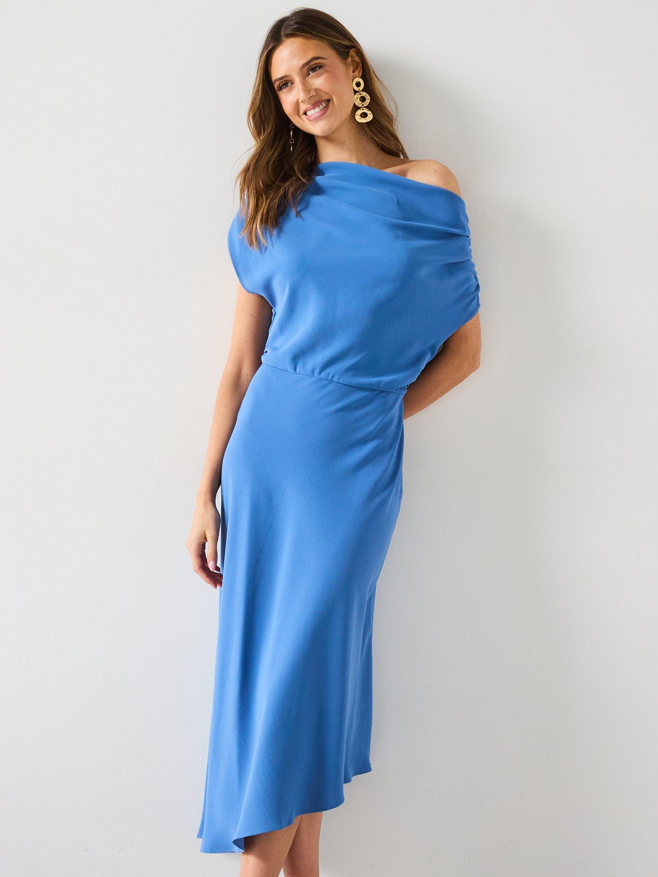 Image 4 of 6 of Mango Asymmetrical-Neck Midi-Dress - Blue