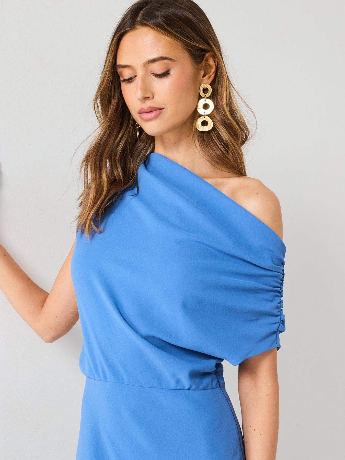Image 6 of 6 of Mango Asymmetrical-Neck Midi-Dress - Blue
