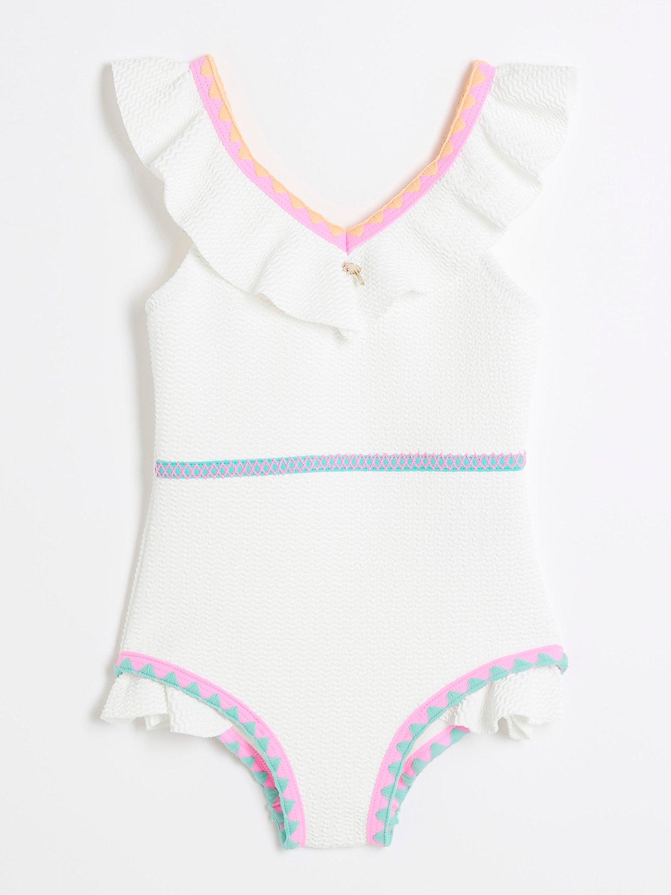 Image 1 of 4 of River Island Mini Girls Frilled Whipstitch Swimsuit - White