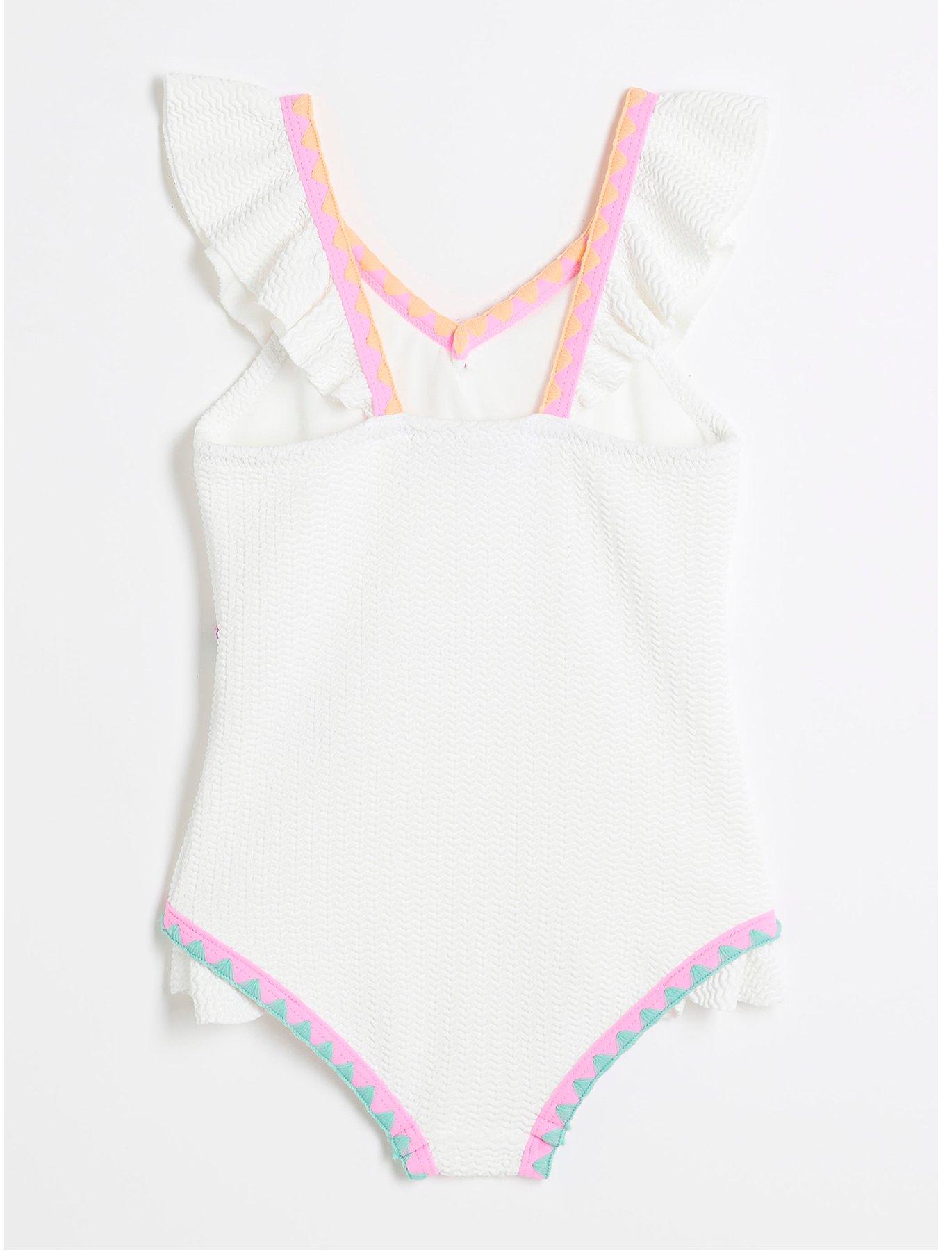 Image 2 of 4 of River Island Mini Girls Frilled Whipstitch Swimsuit - White