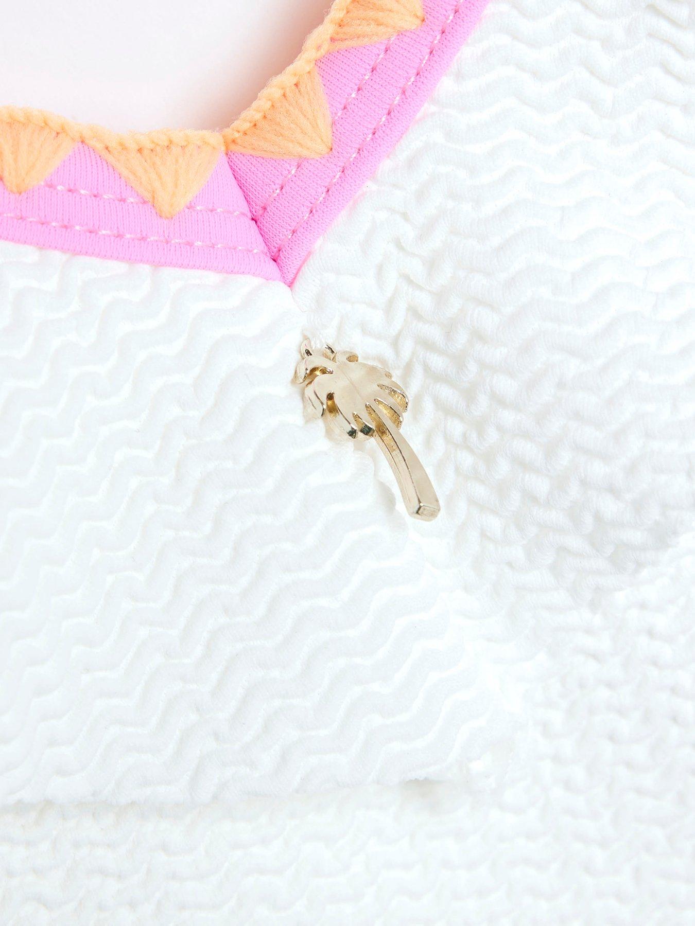 Image 3 of 4 of River Island Mini Girls Frilled Whipstitch Swimsuit - White