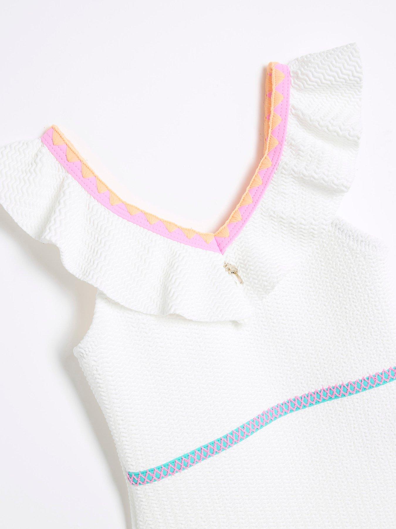 Image 4 of 4 of River Island Mini Girls Frilled Whipstitch Swimsuit - White
