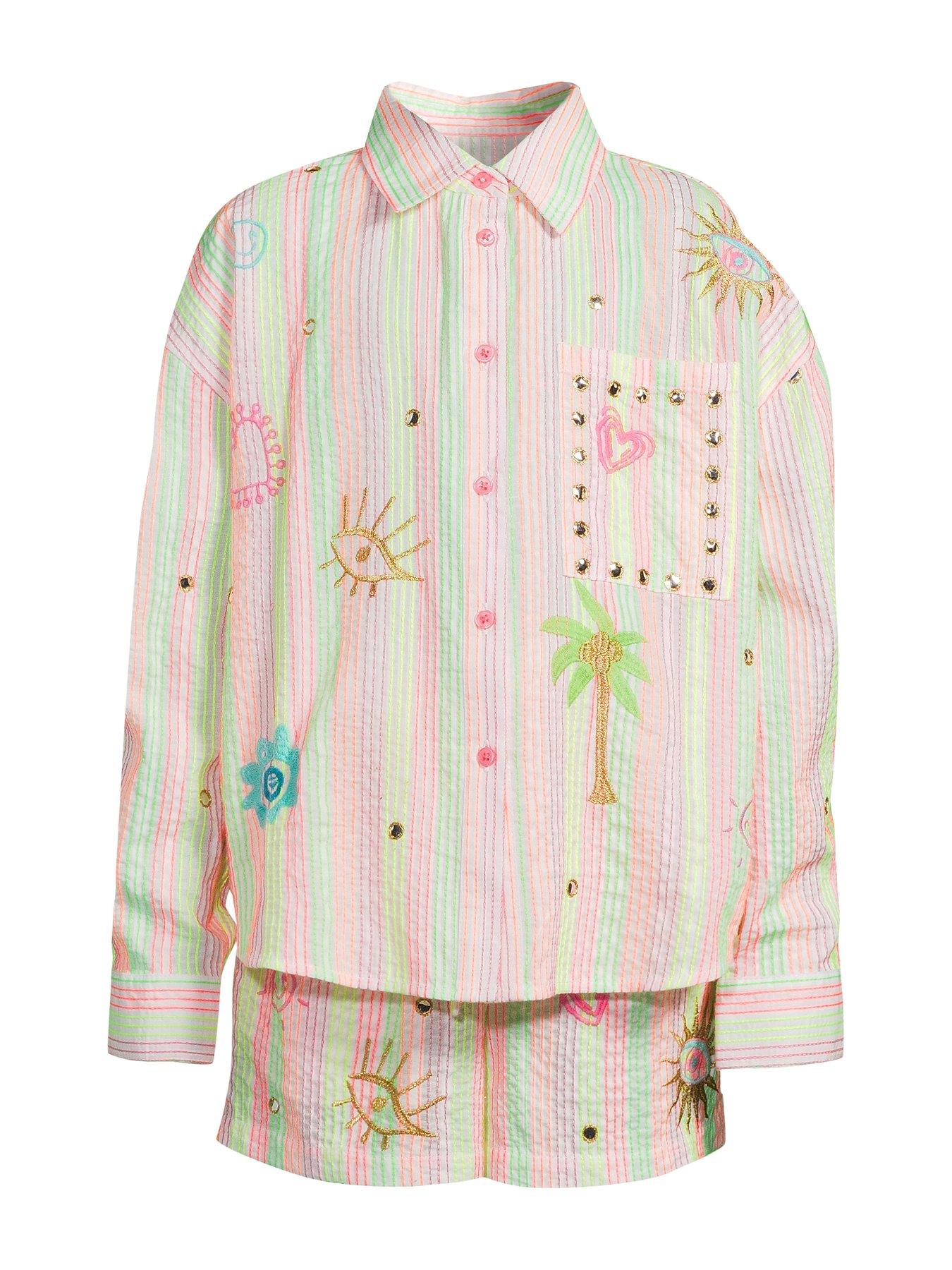 undefined Stripe Embroidered Older Girls Shirt Set - Pink