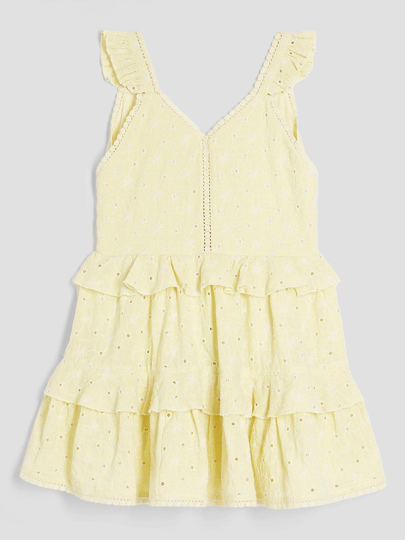 Image 1 of 4 of River Island Older Girl Tiered Broderie Dress - Yellow