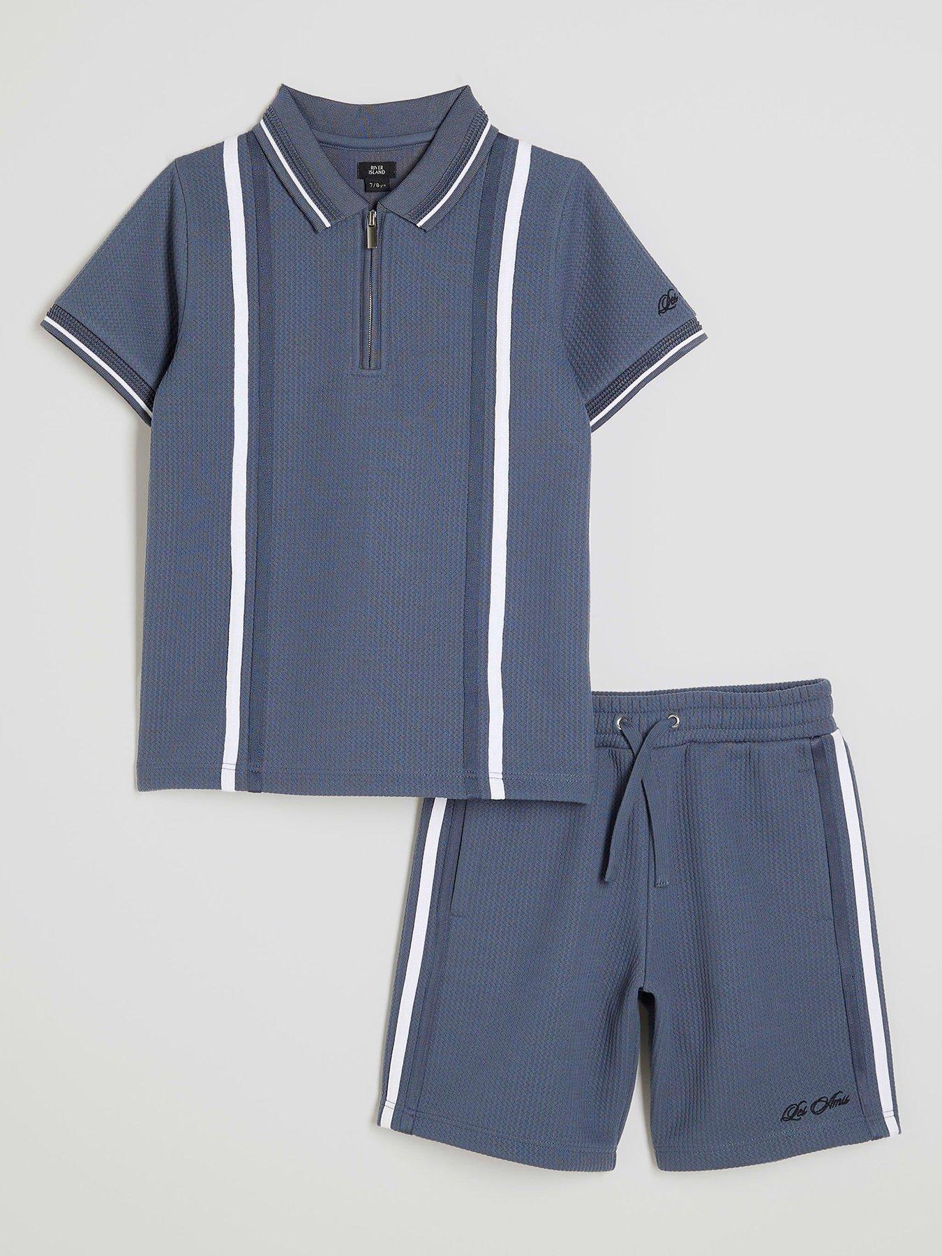 Image 1 of 5 of River Island Older Boys Textured Stripe Polo Set - Blue