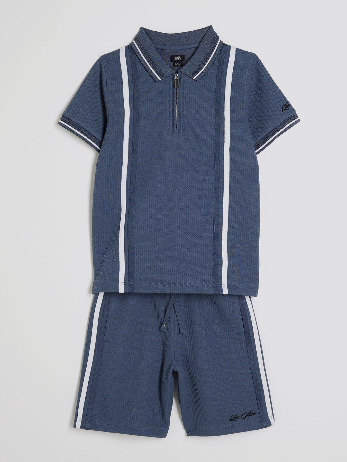 Image 2 of 5 of River Island Older Boys Textured Stripe Polo Set - Blue