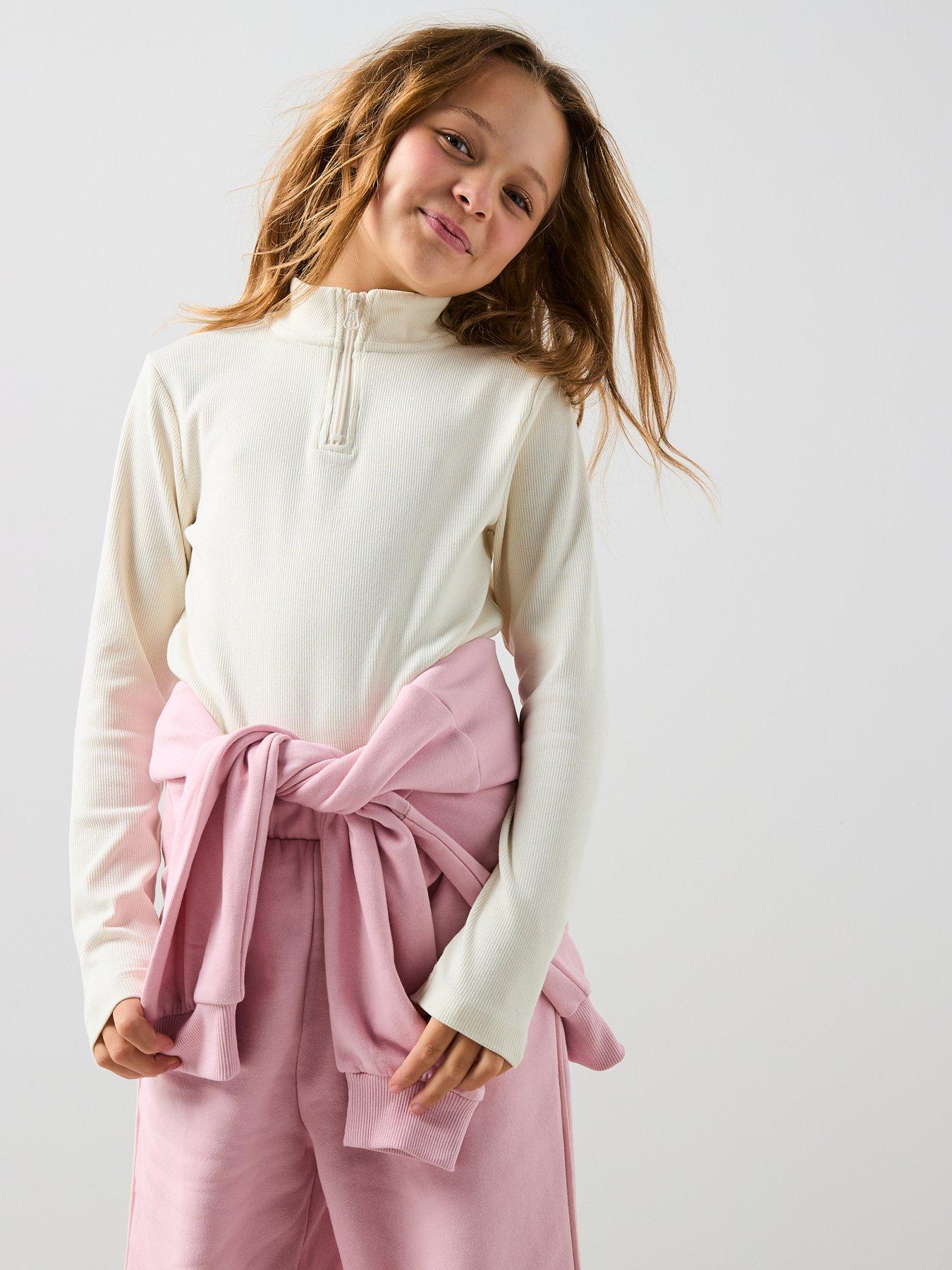 V by Very Girls Rib Half Zip Up Top - Cream - Multi