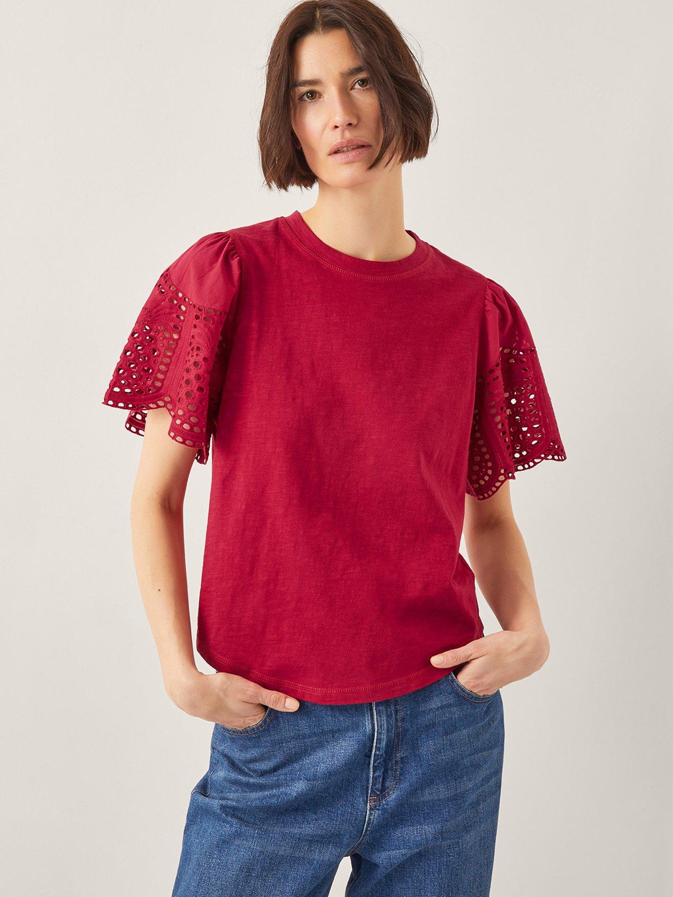 Monsoon Bel Broderie Sleeve T-shirt - Red