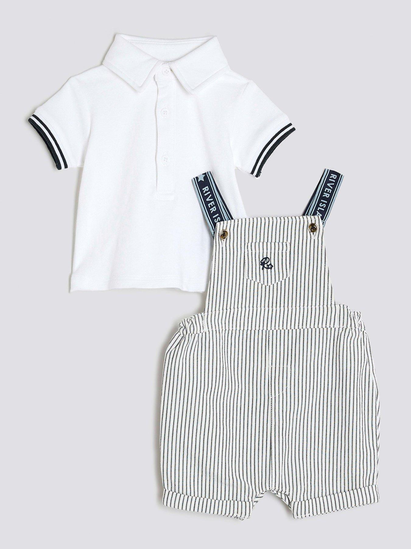 undefined Boy Striped Dungaree Set - Cream