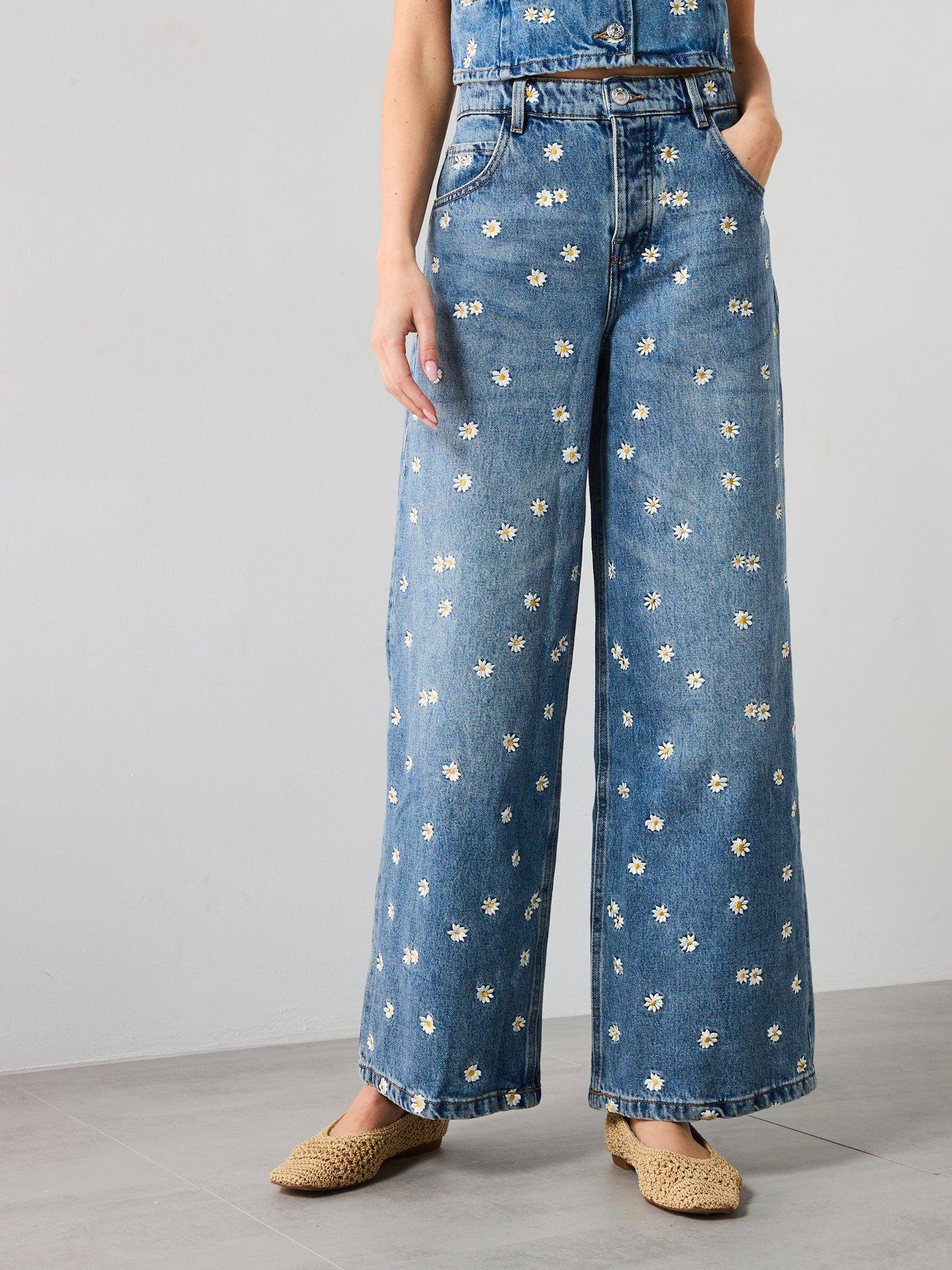 Image 1 of 5 of Mango Flower Embroidered Wide Leg Jeans - Blue