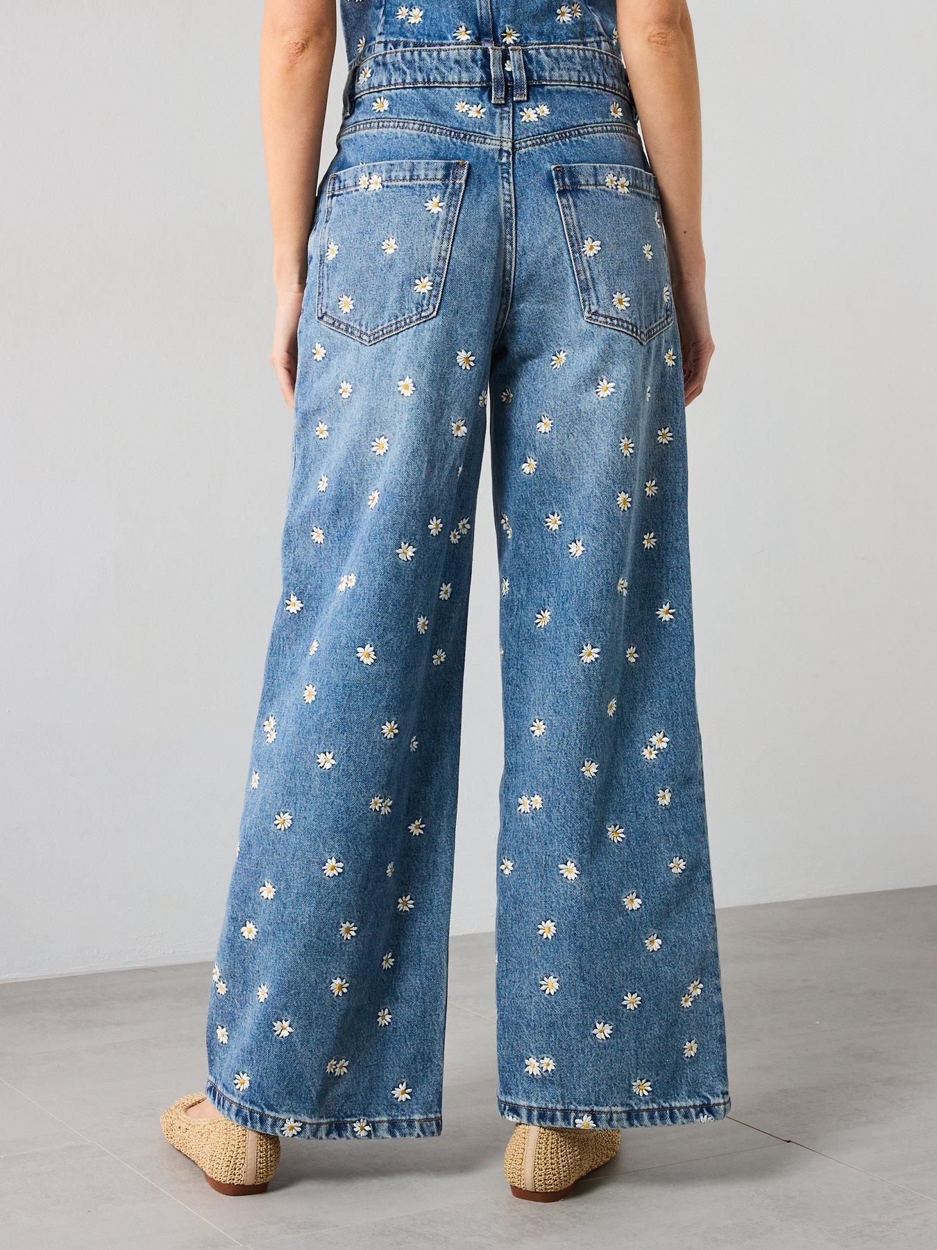Image 2 of 5 of Mango Flower Embroidered Wide Leg Jeans - Blue