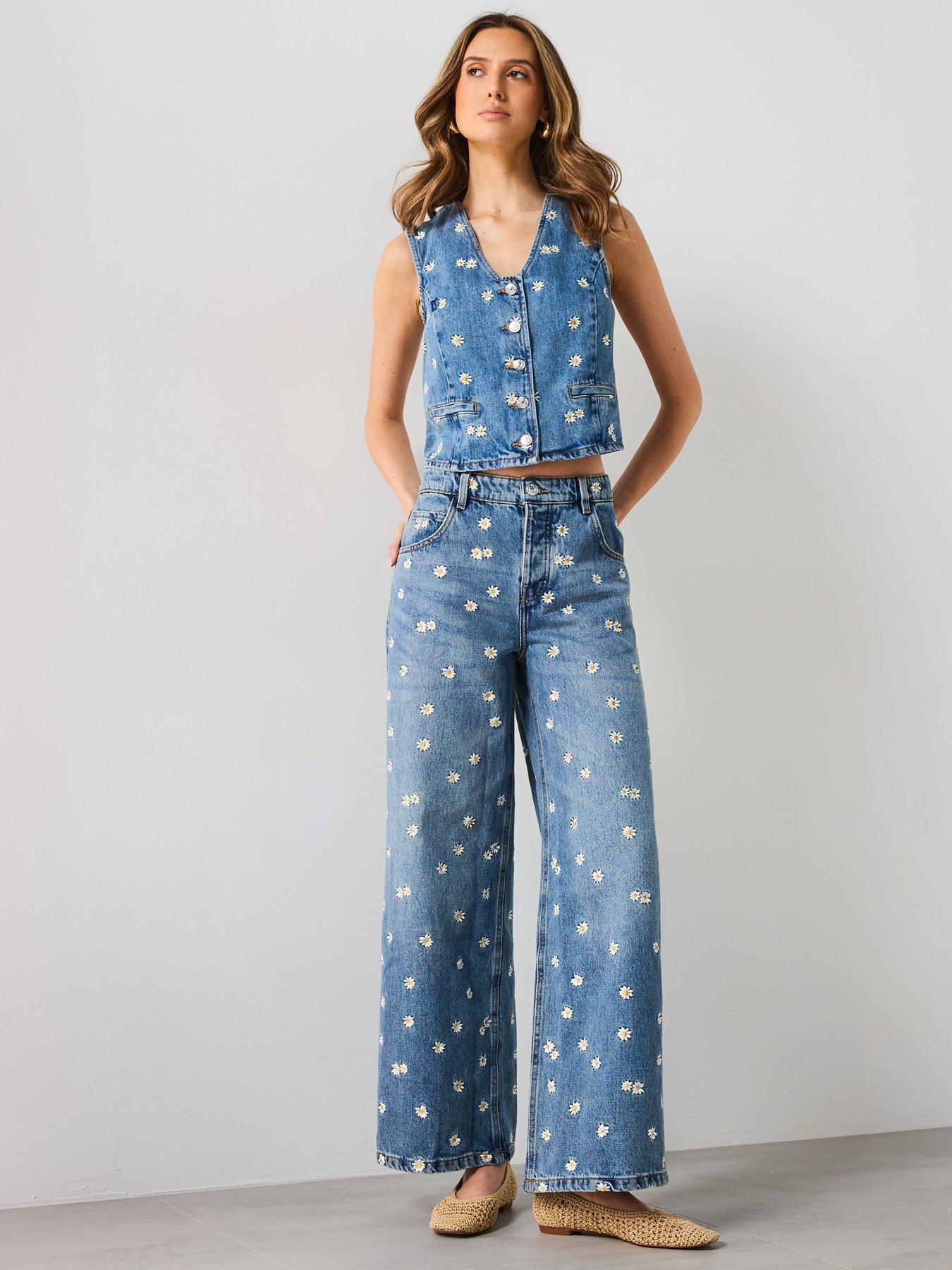 Image 3 of 5 of Mango Flower Embroidered Wide Leg Jeans - Blue