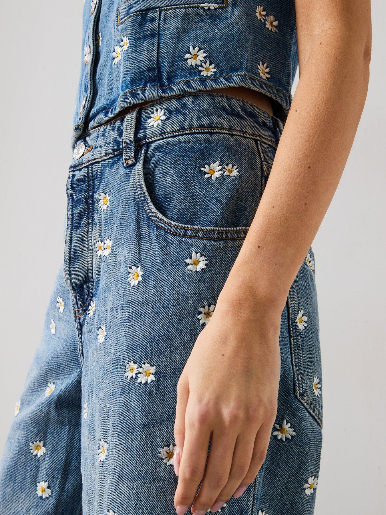 Image 5 of 5 of Mango Flower Embroidered Wide Leg Jeans - Blue